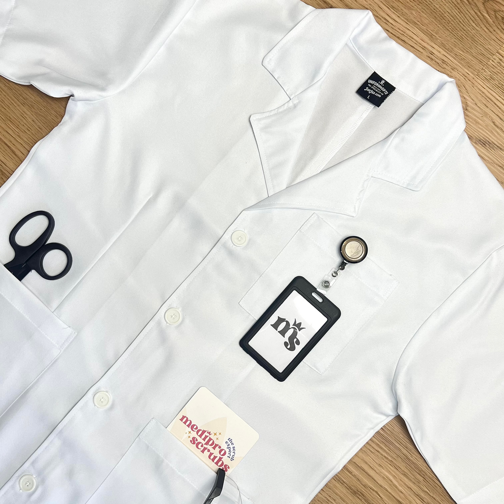 White lab coat with medical logos by Jonjes Malaysia